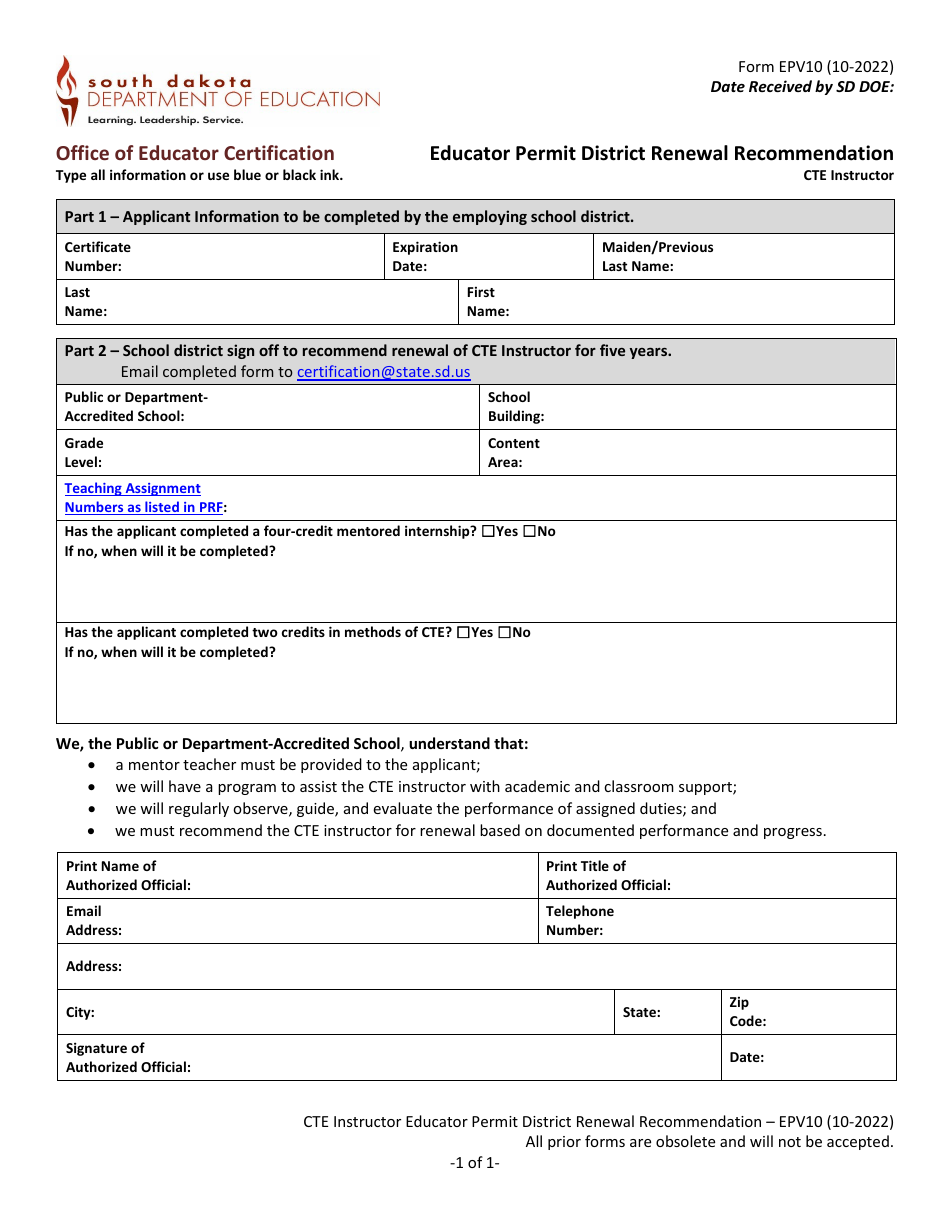 Form EPV10 Educator Permit District Renewal Recommendation - Cte Instructor - South Dakota, Page 1