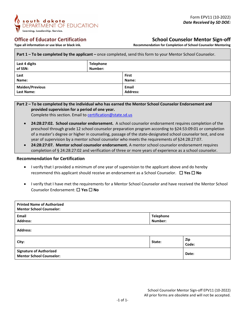 Form EPV11 School Counselor Mentor Sign-Off - South Dakota, Page 1