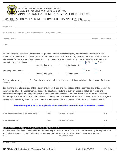 Form MO829-A0024 Application for Temporary Caterer&#039;s Permit - Missouri
