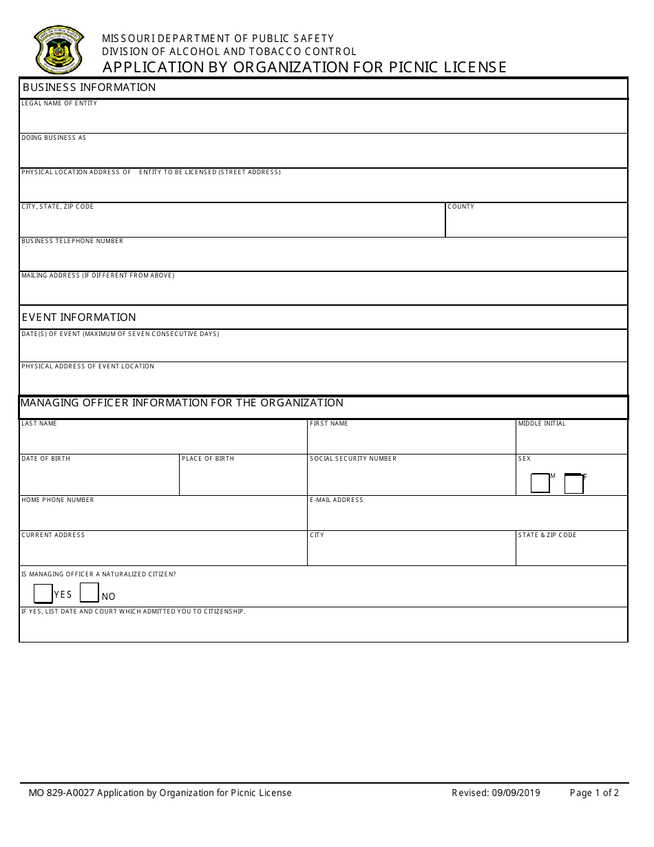Form MO829-A0027 Application by Organization for Picnic License - Missouri, Page 1