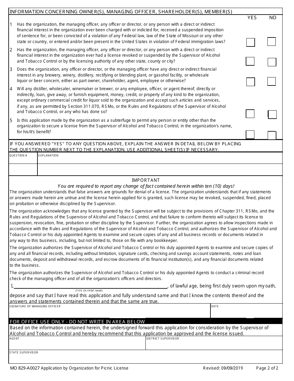 Form MO829-A0027 Application by Organization for Picnic License - Missouri, Page 2