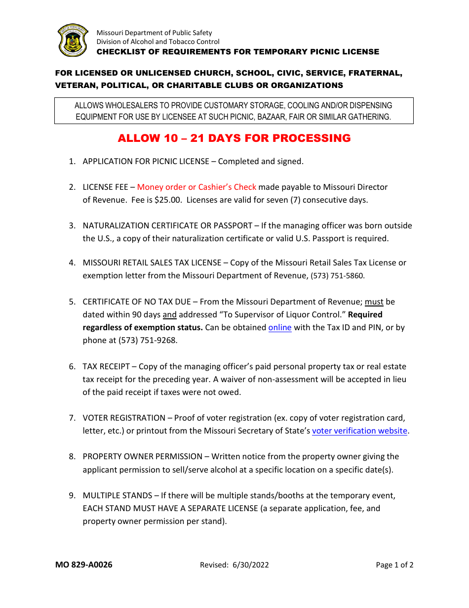 Form MO829-A0027 Application by Organization for Picnic License - Missouri, Page 3