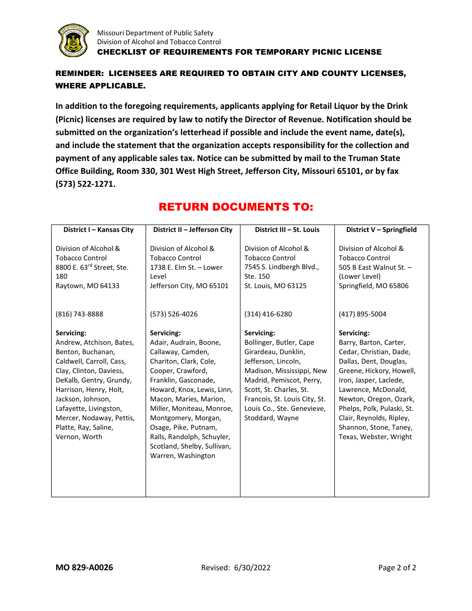 Form MO829-A0027 Application by Organization for Picnic License - Missouri, Page 4