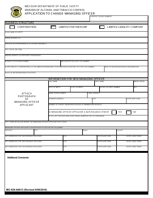 Form MO829-A0013 Application to Change Managing Officer - Missouri