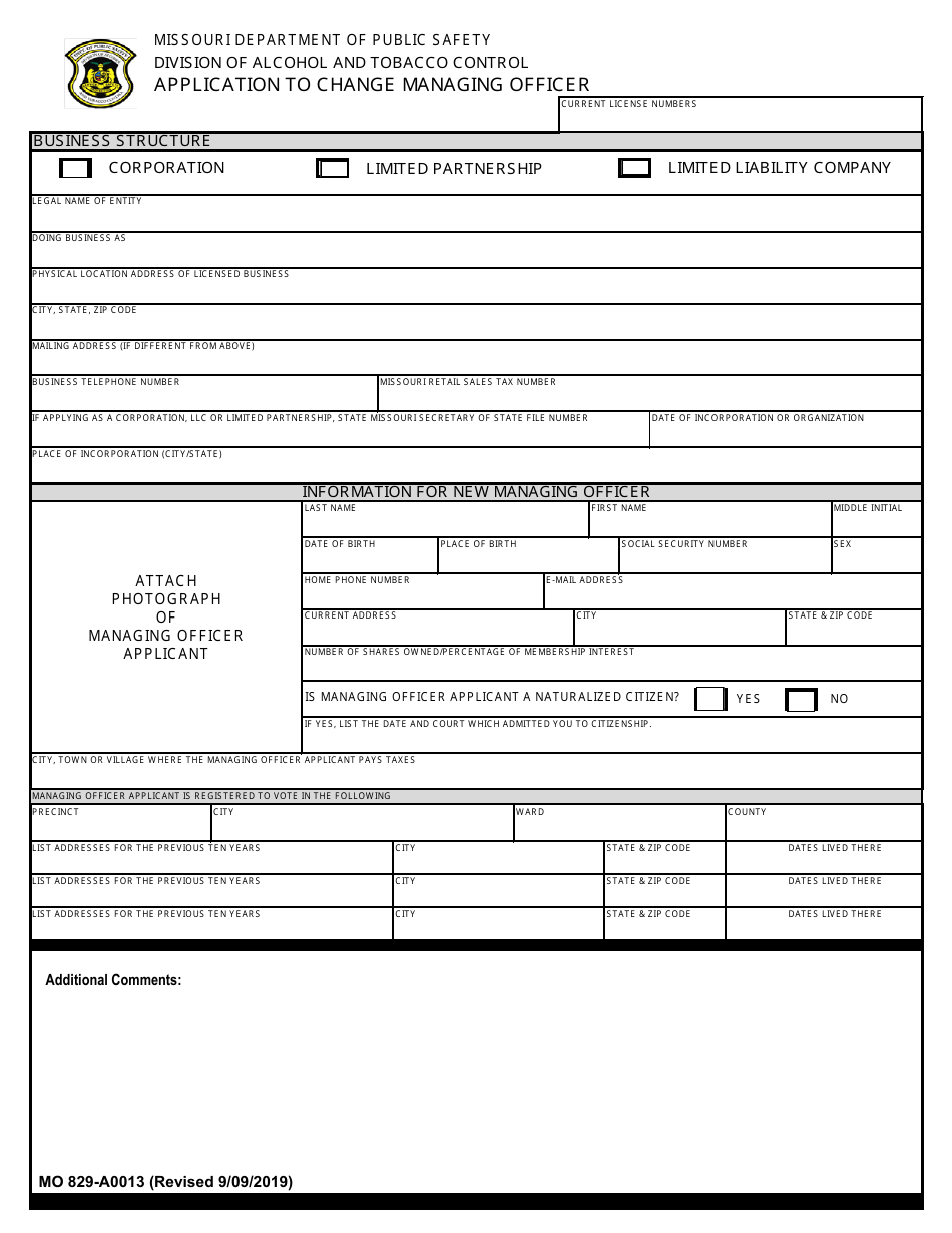 Form MO829-A0013 Application to Change Managing Officer - Missouri, Page 1