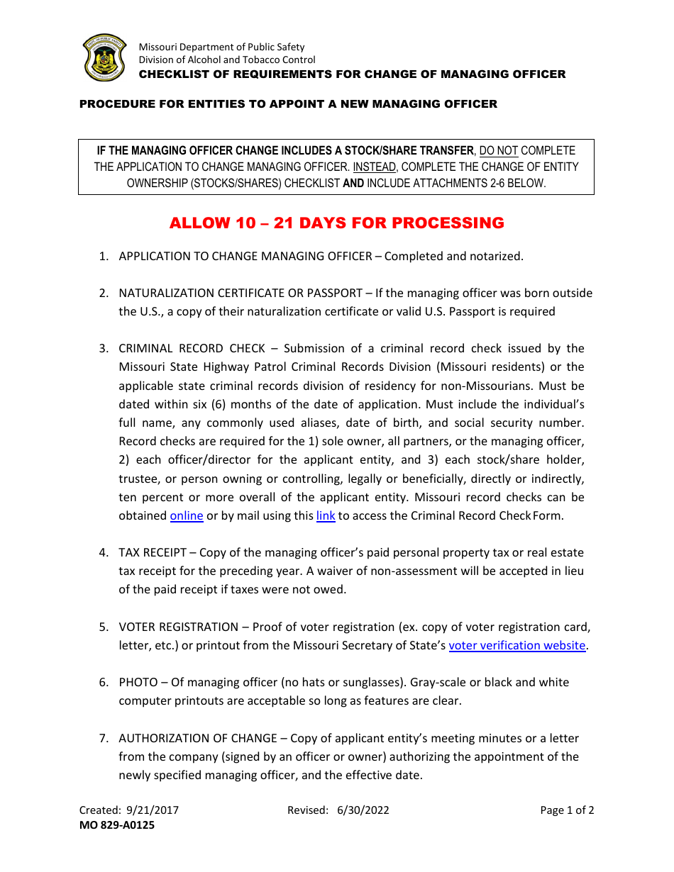 Form MO829-A0013 Application to Change Managing Officer - Missouri, Page 3