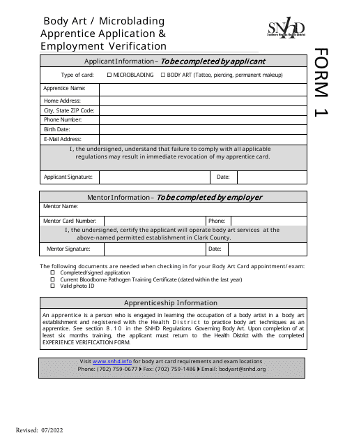 Form 1 Body Art/Microblading Apprentice Application & Employment Verification - Nevada