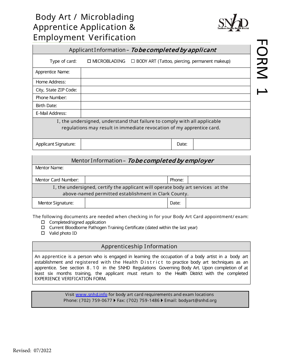 Form 1 Body Art / Microblading Apprentice Application  Employment Verification - Nevada, Page 1