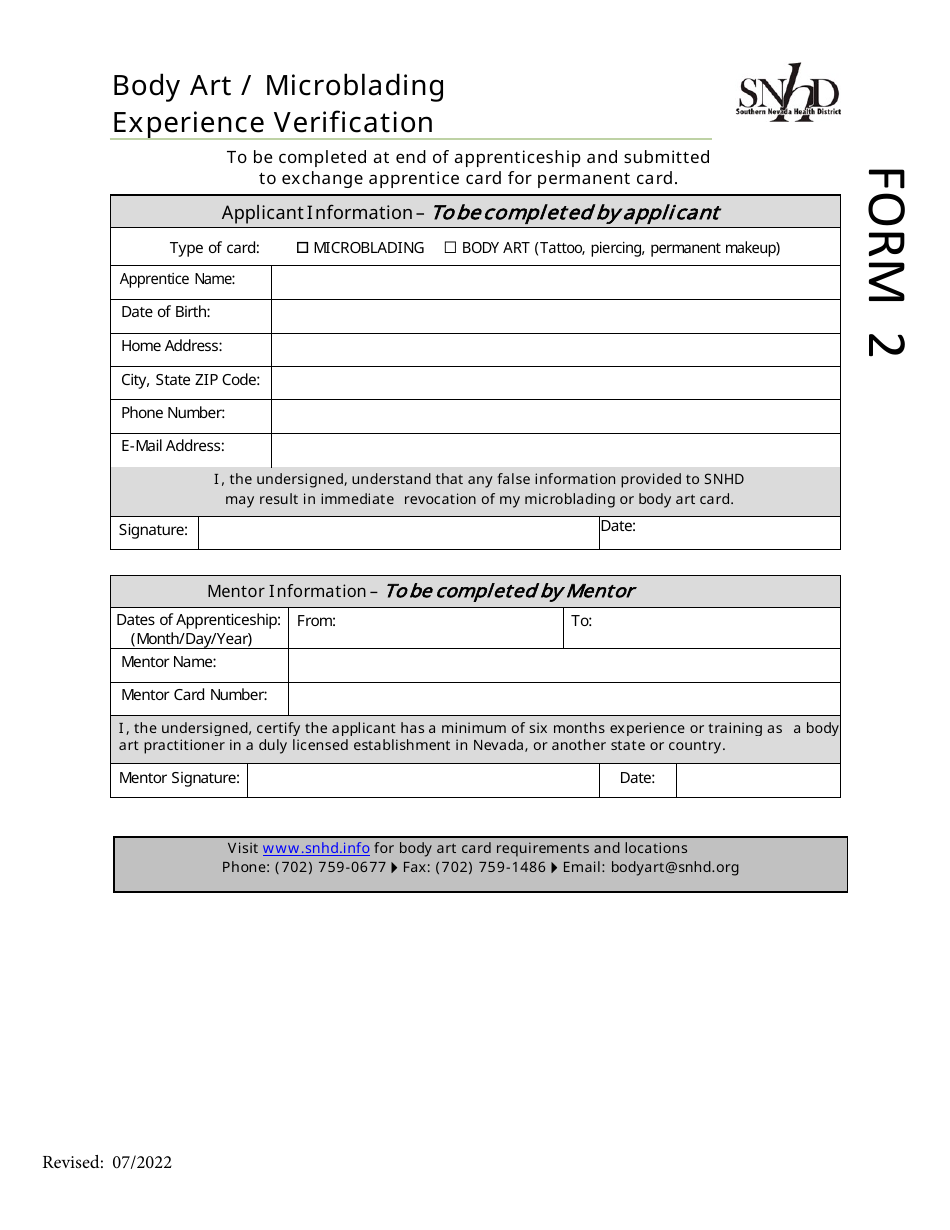 Form 2 Body Art / Microblading Experience Verification - Nevada, Page 1