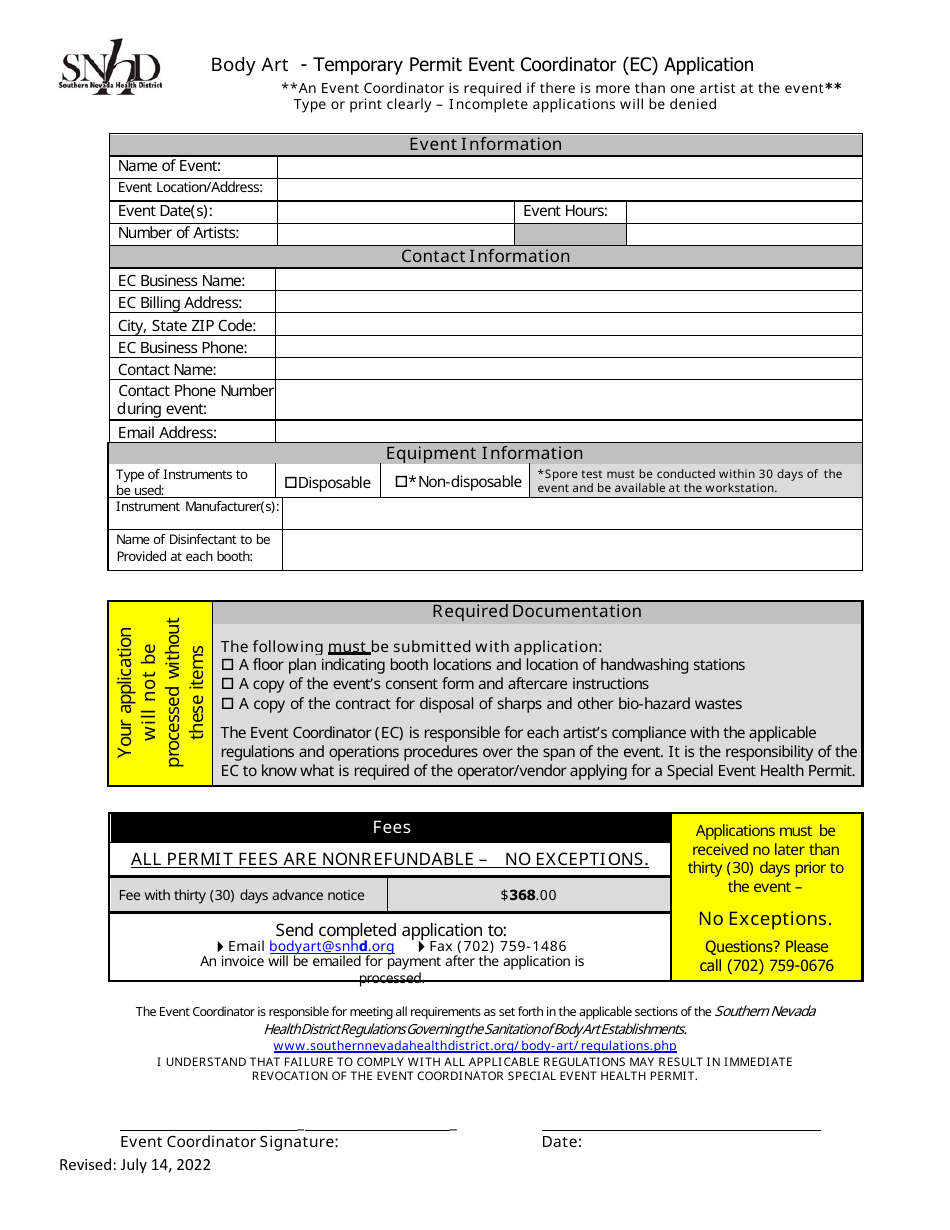 Nevada Body Art Temporary Permit Event Coordinator (Ec) Application