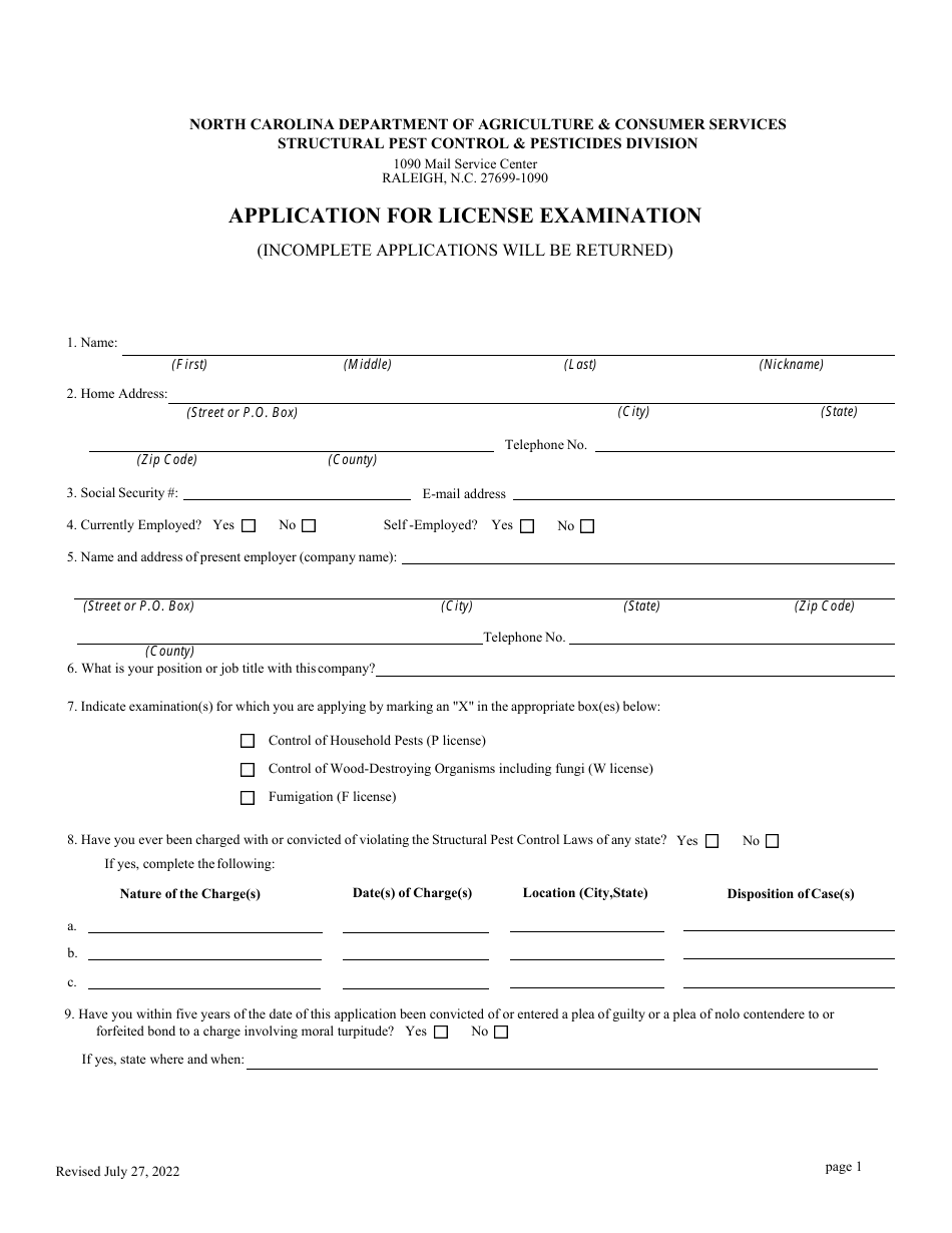 North Carolina Application for Structural Pest Control License