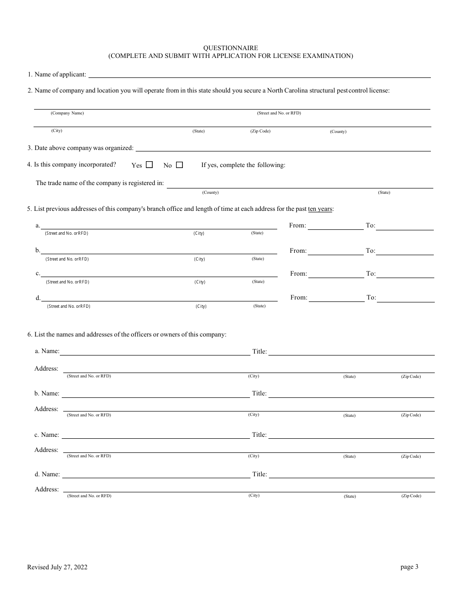 North Carolina Application for Structural Pest Control License