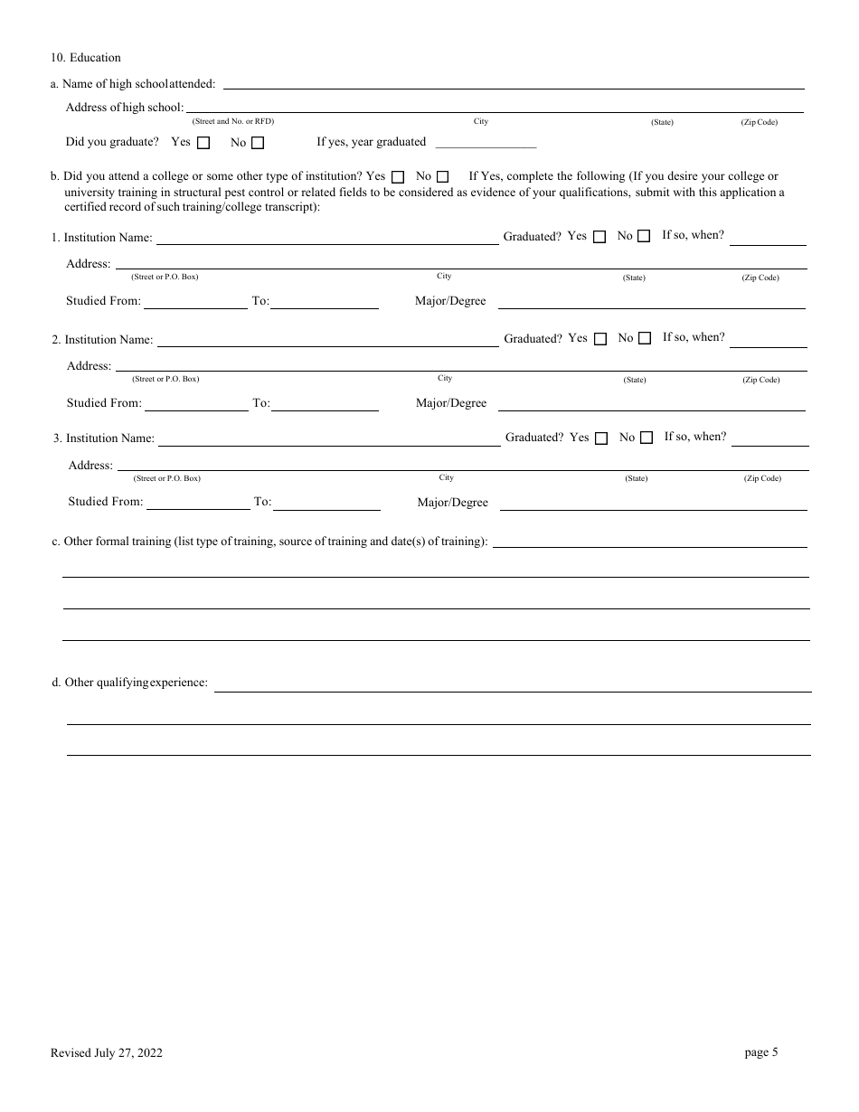 North Carolina Application for Structural Pest Control License