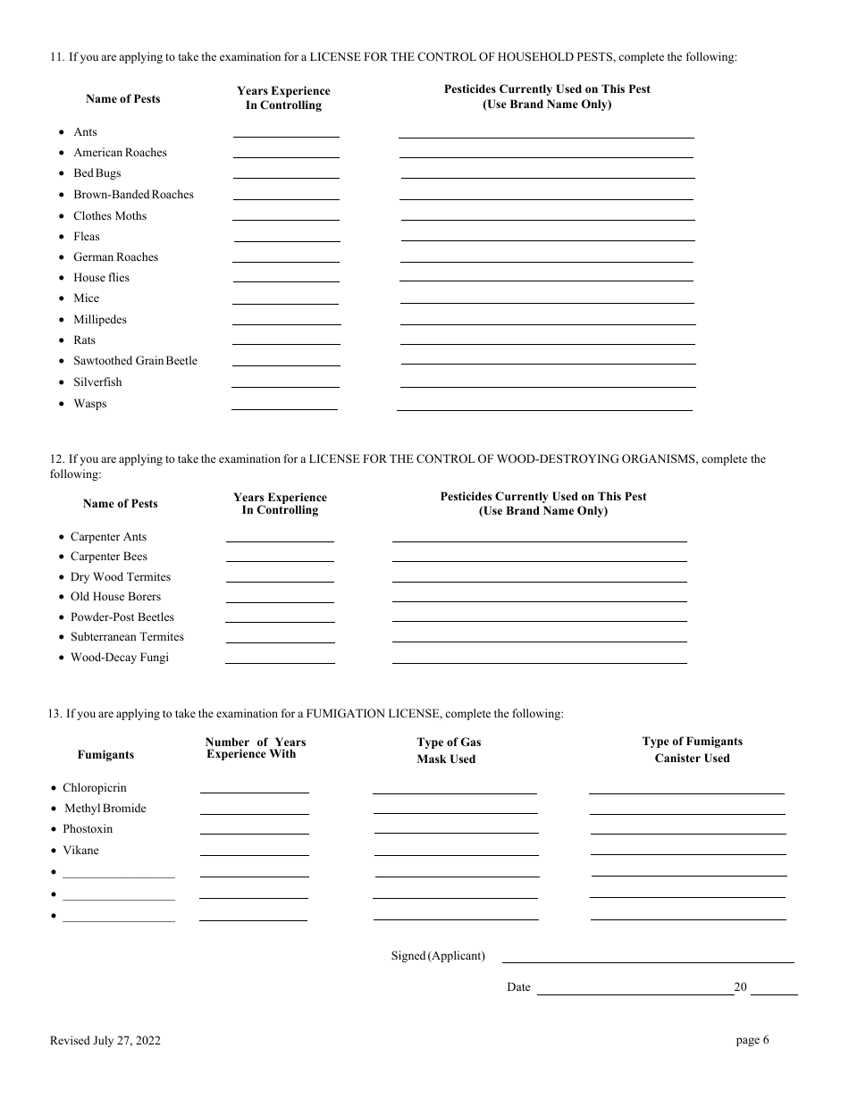 North Carolina Application for Structural Pest Control License