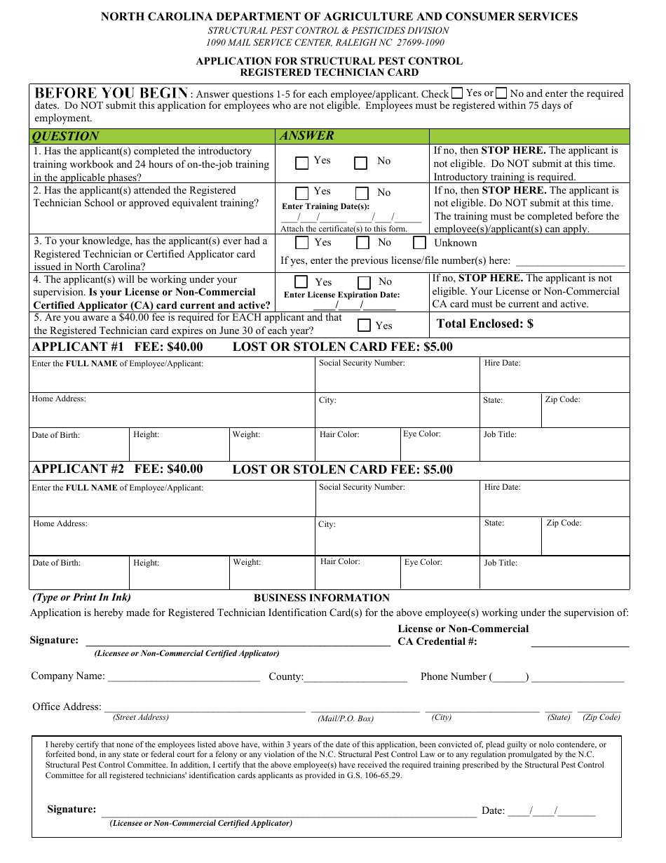 Application for Structural Pest Control Registered Technician Card - North Carolina, Page 1