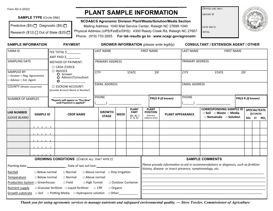Form AD-4 Plant Sample Information - North Carolina, Page 1