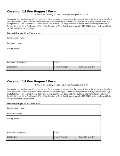 Ceremonial Pen Request Form - Maryland Download Pdf
