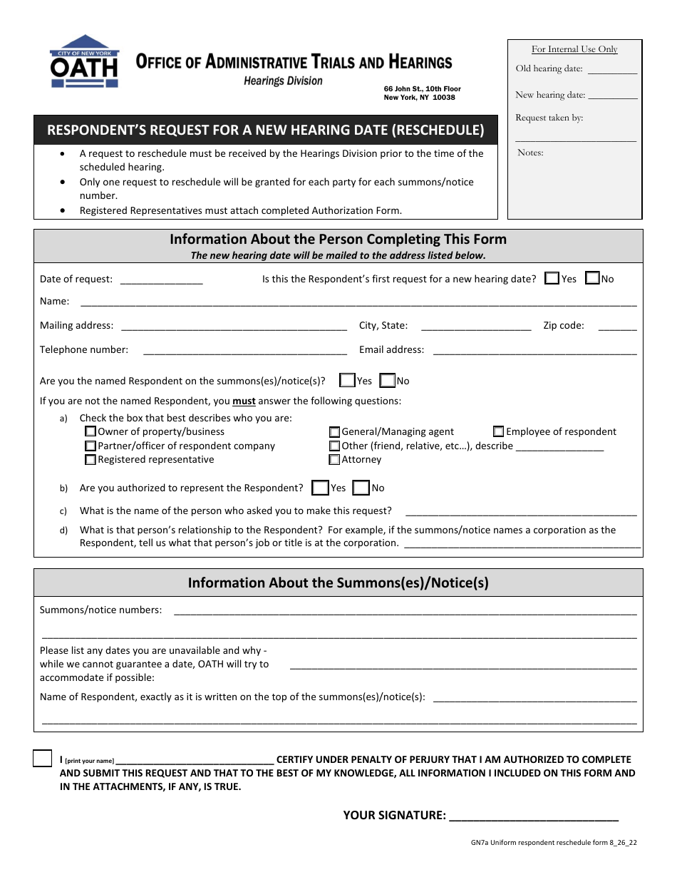 Form GN7A Respondents Request for a New Hearing Date (Reschedule) - New York City, Page 1