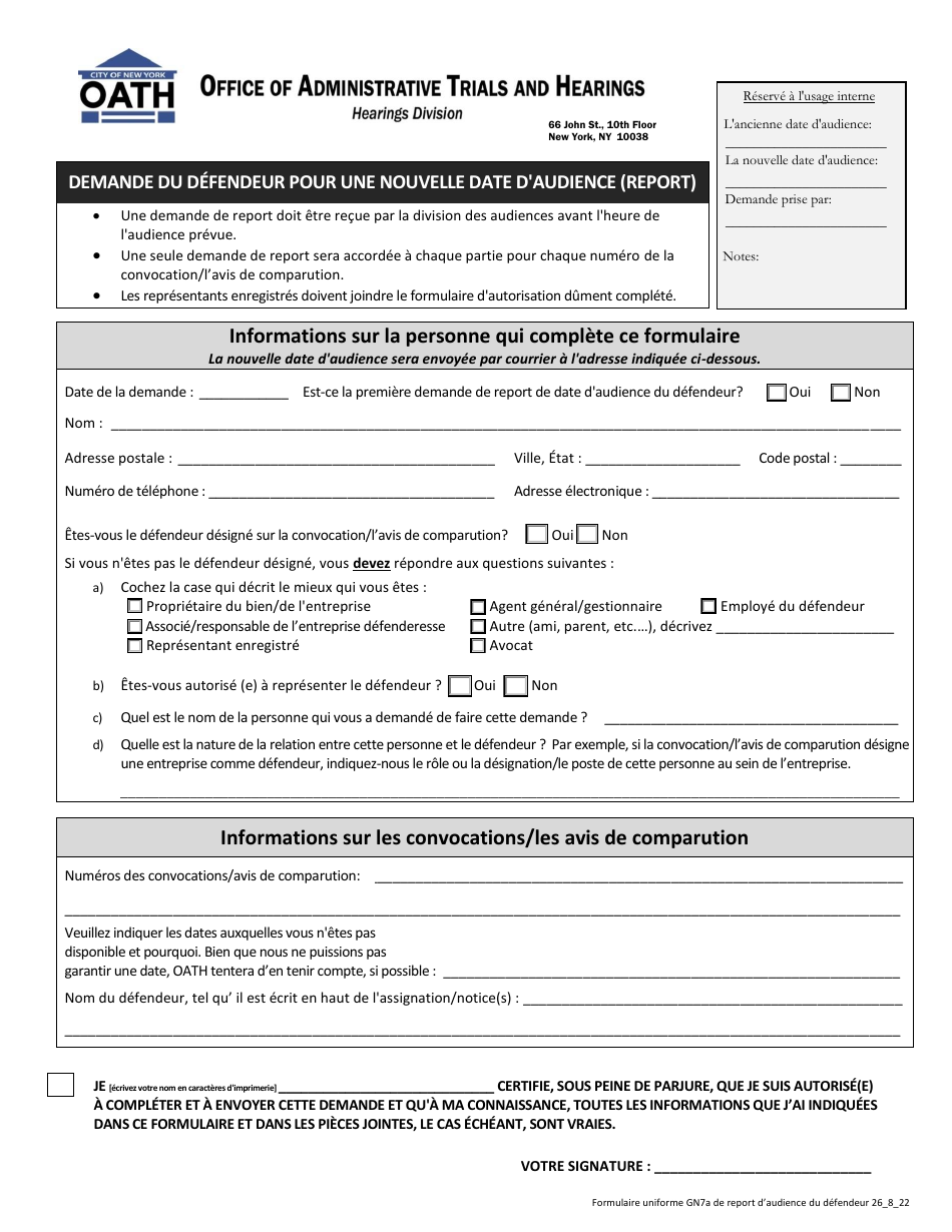 Form GN7A Respondents Request for a New Hearing Date (Reschedule) - New York City (French), Page 1
