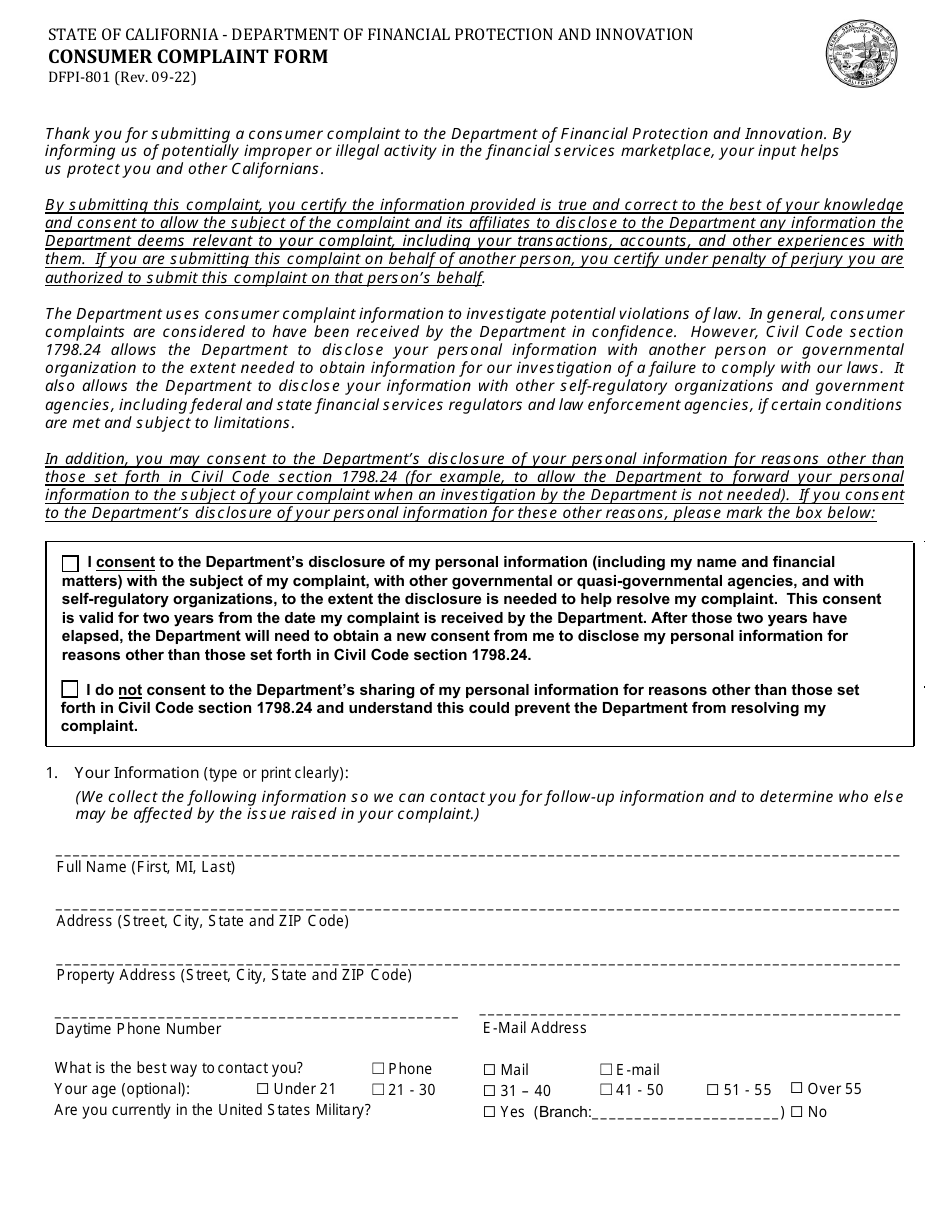 Form DFPI-801 Consumer Complaint Form - California, Page 1