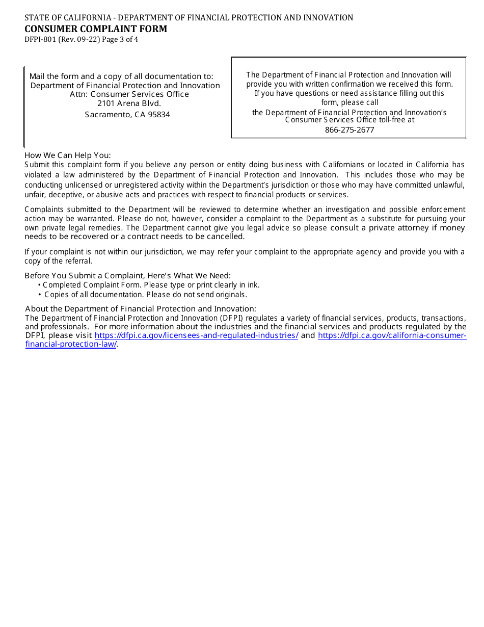 Form DFPI-801 Consumer Complaint Form - California, Page 3