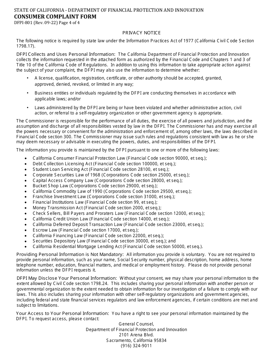 Form DFPI-801 Consumer Complaint Form - California, Page 4