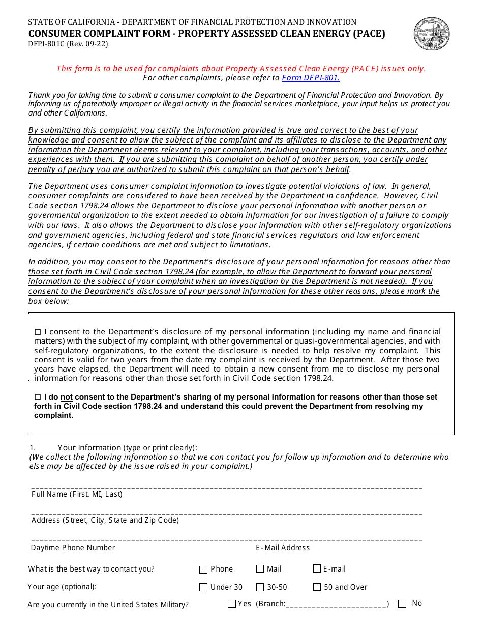 Form DFPI-801C Consumer Complaint Form - Property Assessed Clean Energy (Pace) - California, Page 1