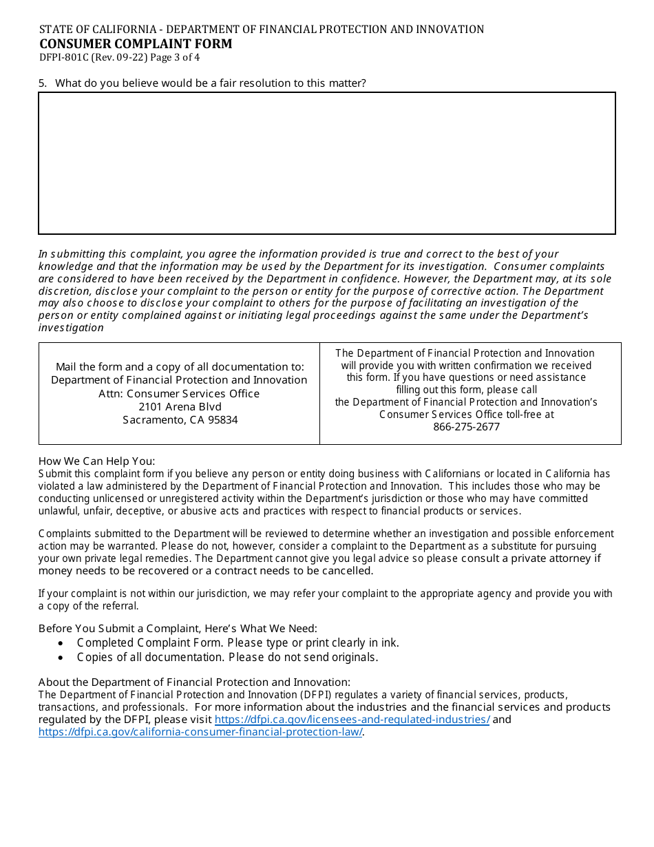 Form DFPI-801C Consumer Complaint Form - Property Assessed Clean Energy (Pace) - California, Page 3