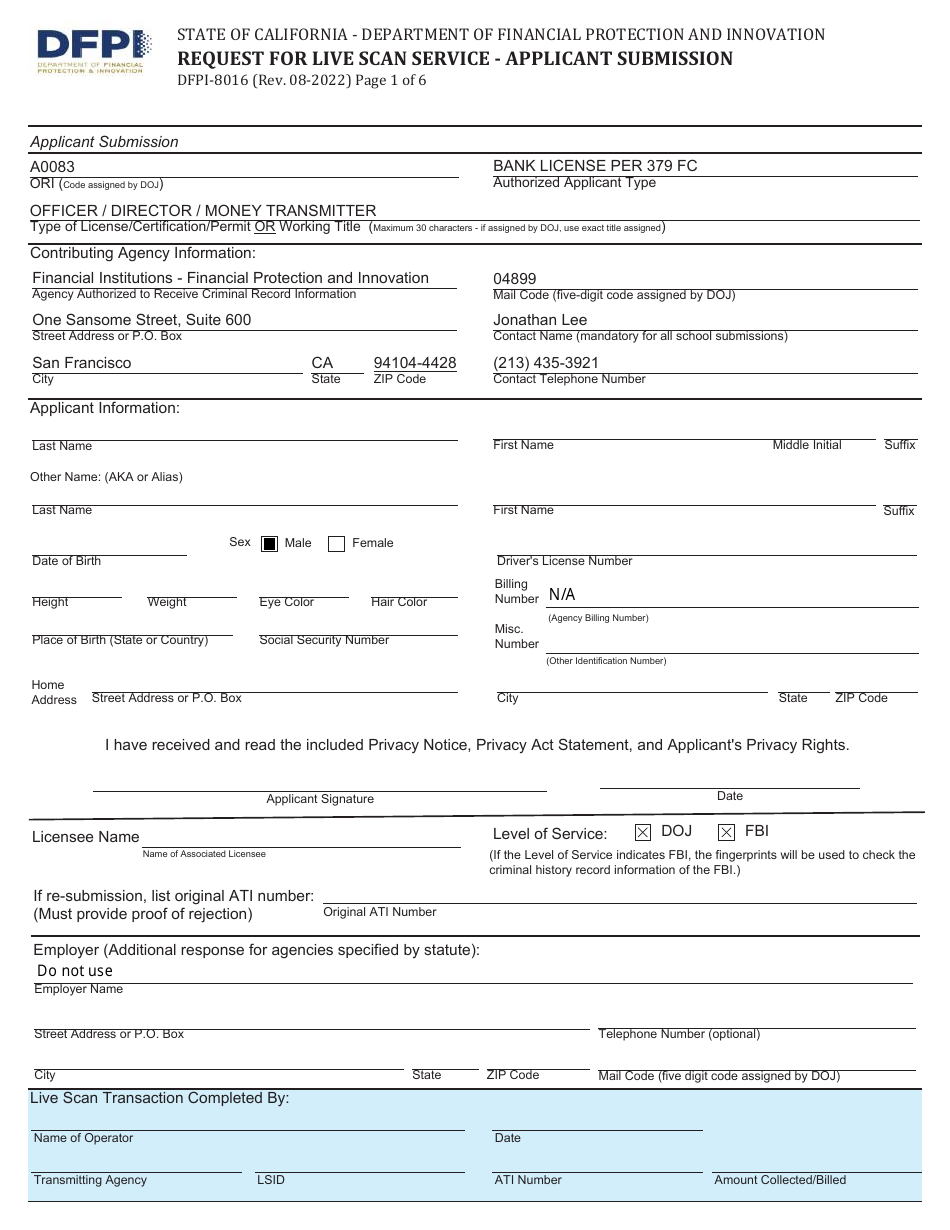 Form DFPI-MTD8016 Request for Live Scan Service - Applicant Submission (Money Transmitter) - California, Page 1