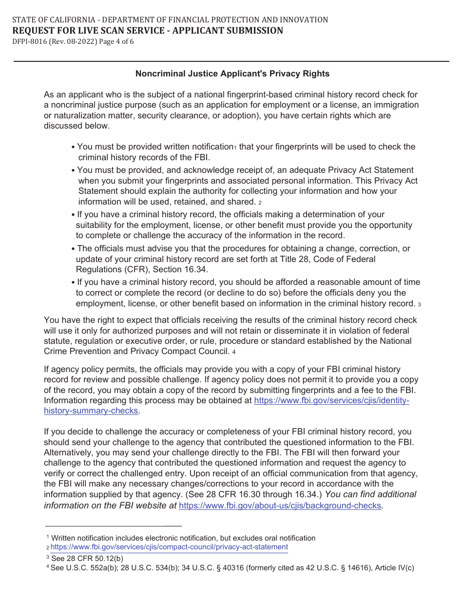 Form DFPI-MTD8016 Request for Live Scan Service - Applicant Submission (Money Transmitter) - California, Page 4