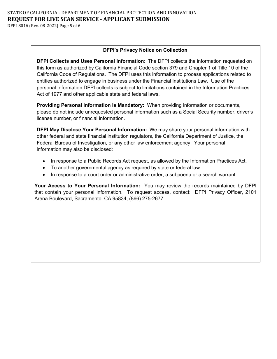 Form DFPI-MTD8016 Request for Live Scan Service - Applicant Submission (Money Transmitter) - California, Page 5
