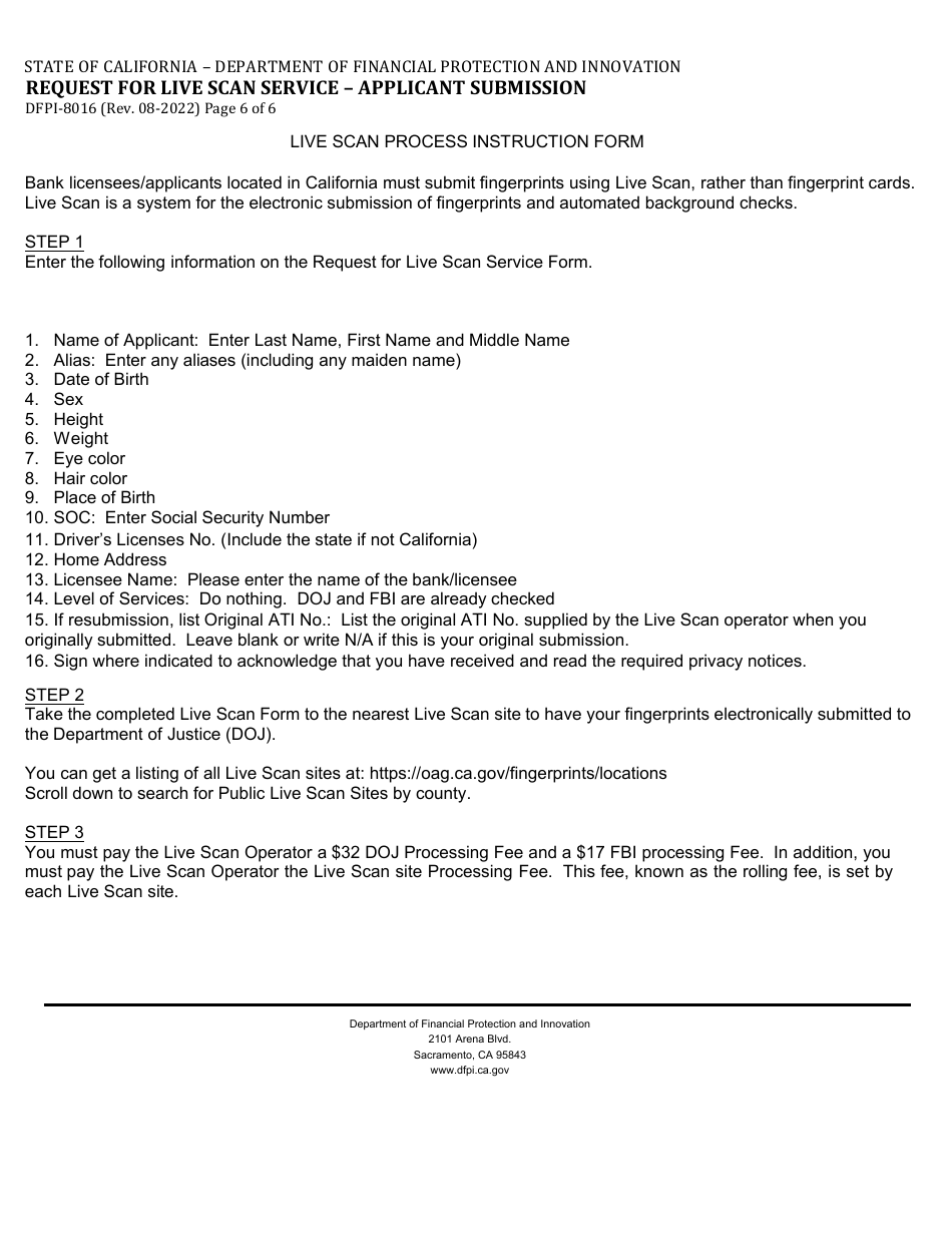 Form DFPI-MTD8016 Request for Live Scan Service - Applicant Submission (Money Transmitter) - California, Page 6