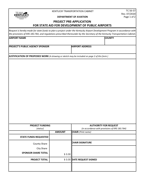 Form TC56-57 Project Pre-application for State Aid for Development of Public Airports - Kentucky