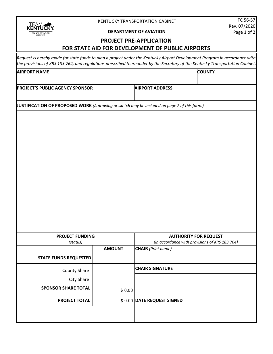 Form TC56-57 Project Pre-application for State Aid for Development of Public Airports - Kentucky, Page 1