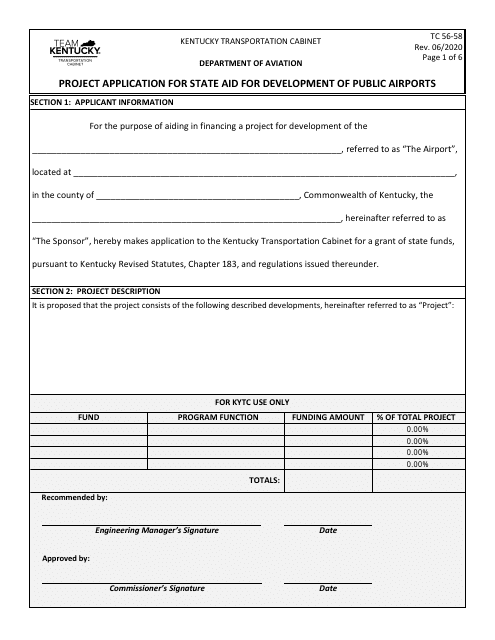 Form TC56-58 Project Application for State Aid for Development of Public Airports - Kentucky