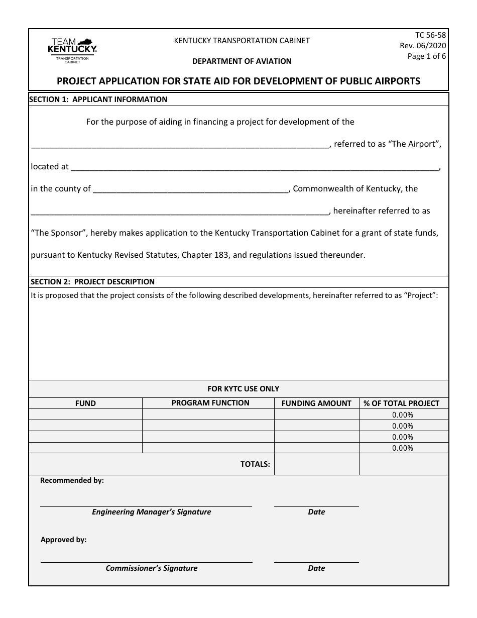 Form TC56-58 Project Application for State Aid for Development of Public Airports - Kentucky, Page 1