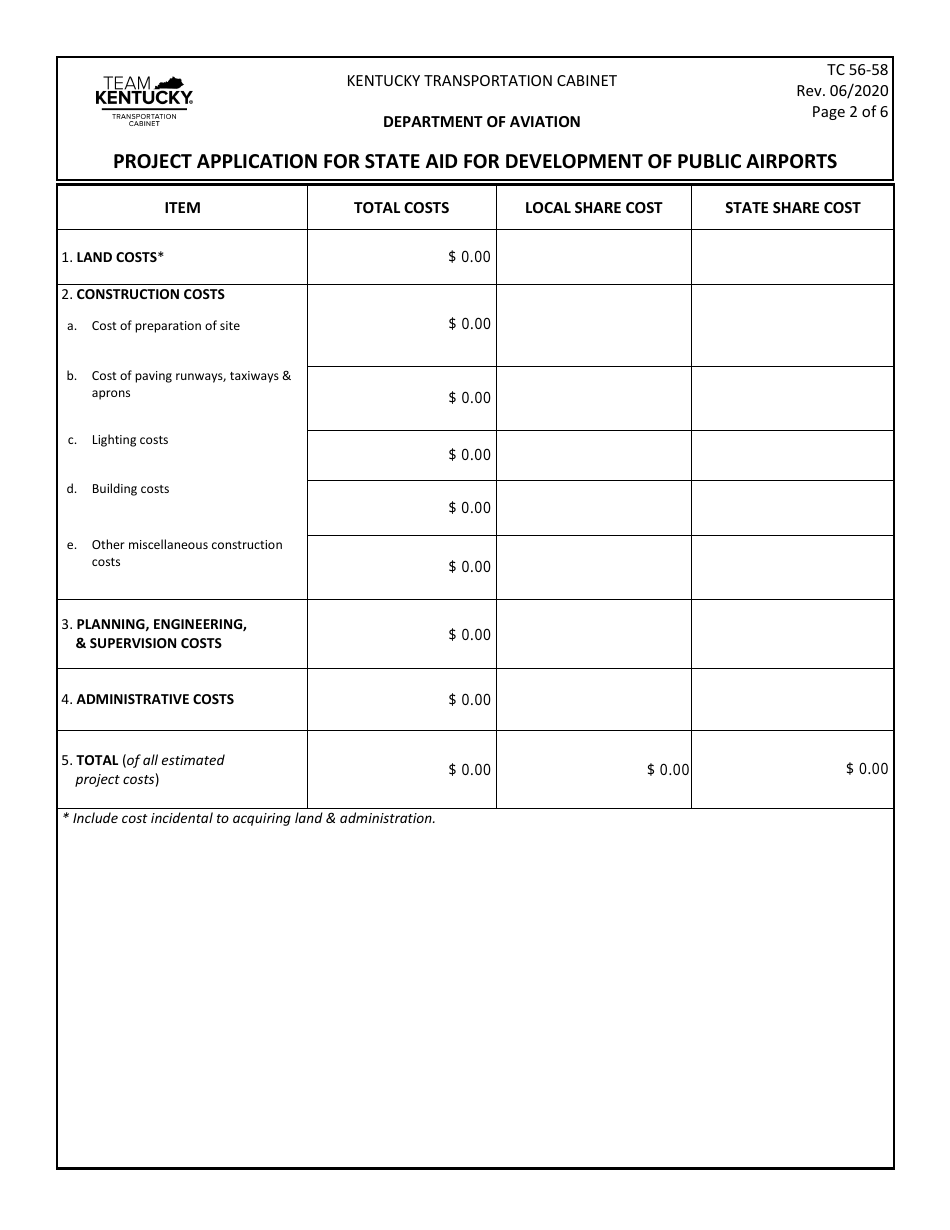 Form TC56-58 Project Application for State Aid for Development of Public Airports - Kentucky, Page 2