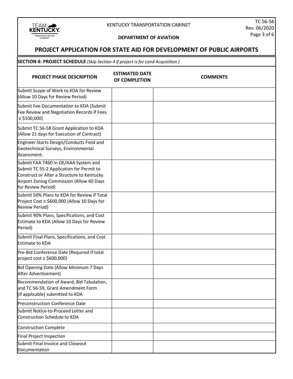 Form TC56-58 Project Application for State Aid for Development of Public Airports - Kentucky, Page 3