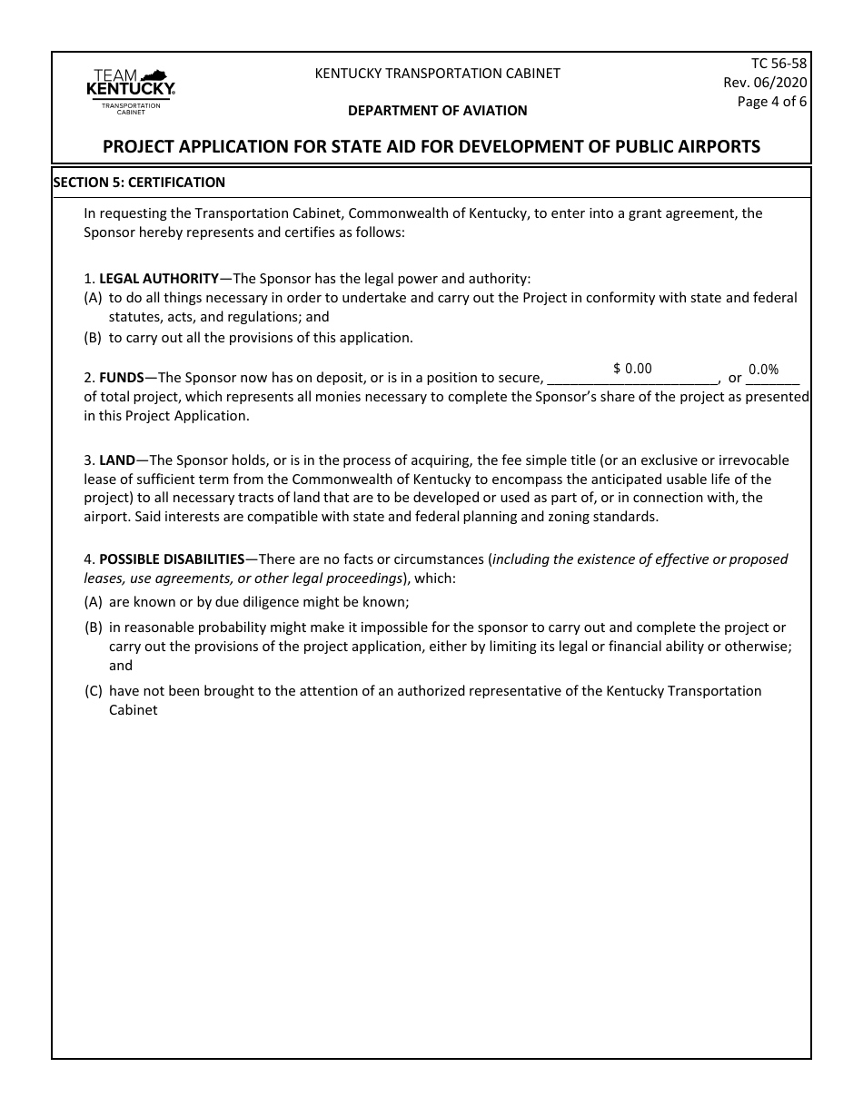 Form TC56-58 Project Application for State Aid for Development of Public Airports - Kentucky, Page 4
