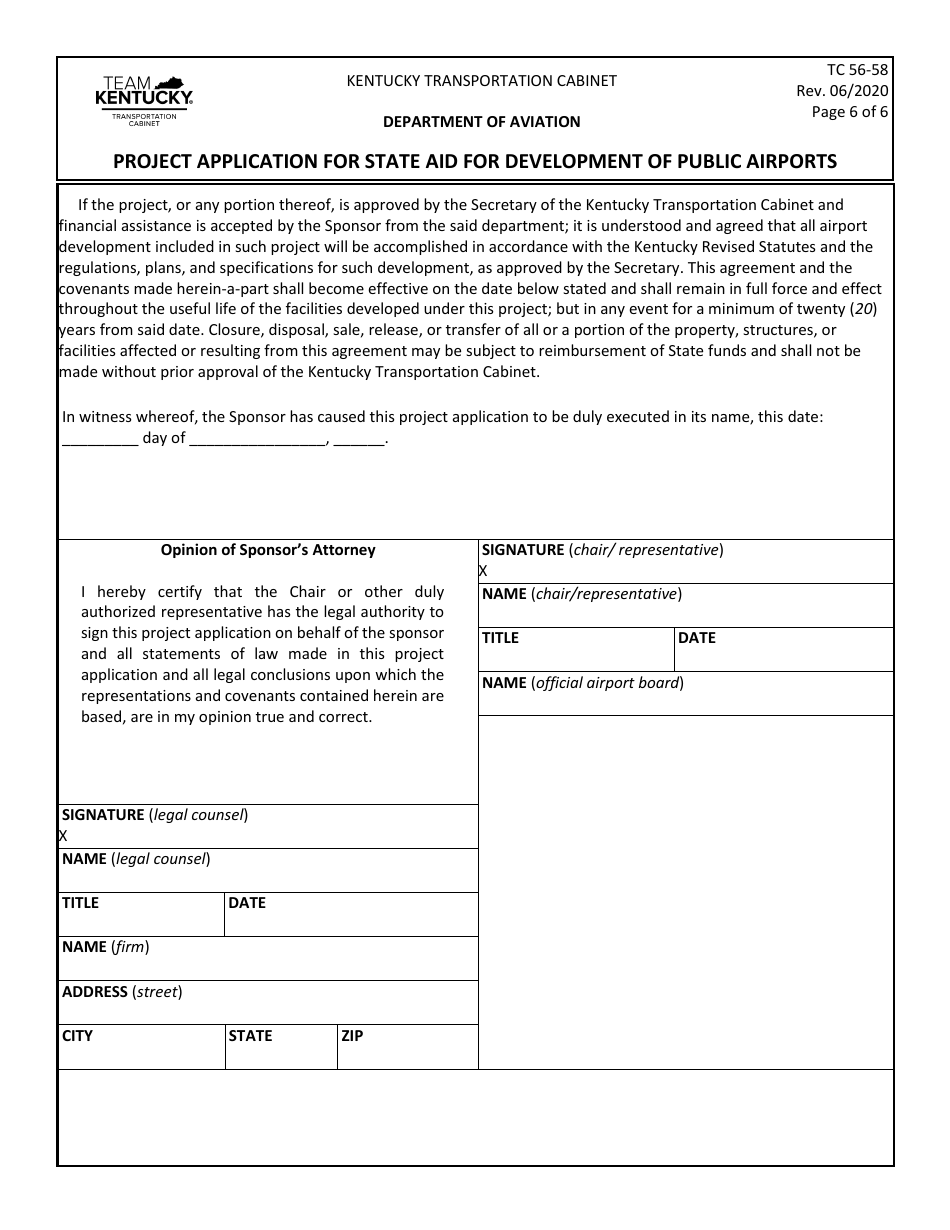 Form TC56-58 Project Application for State Aid for Development of Public Airports - Kentucky, Page 6