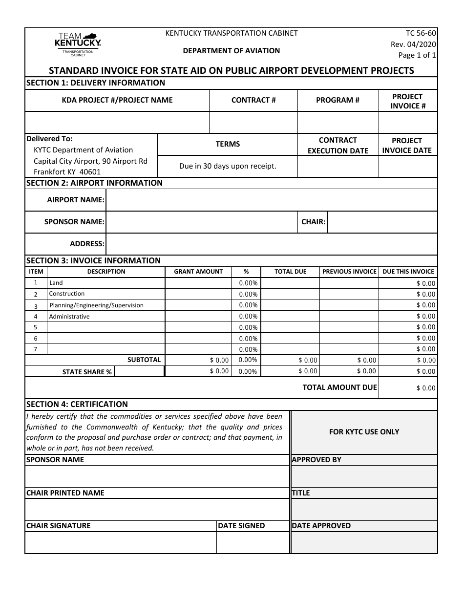 Form TC56-60 Standard Invoice for State Aid on Public Airport Development Projects - Kentucky, Page 1