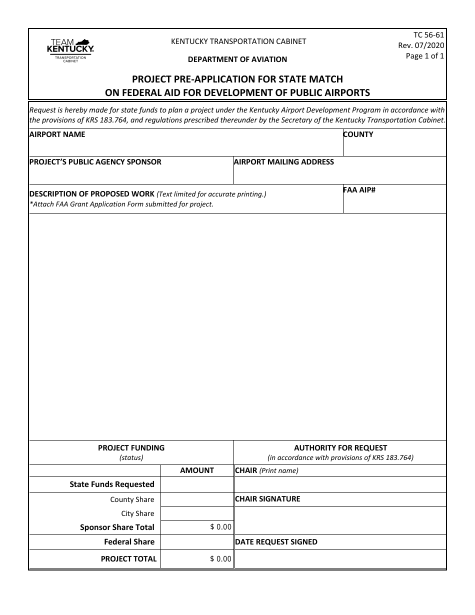 Form TC56-61 Project Pre-application for State Match on Federal Aid for Development of Public Airports - Kentucky, Page 1