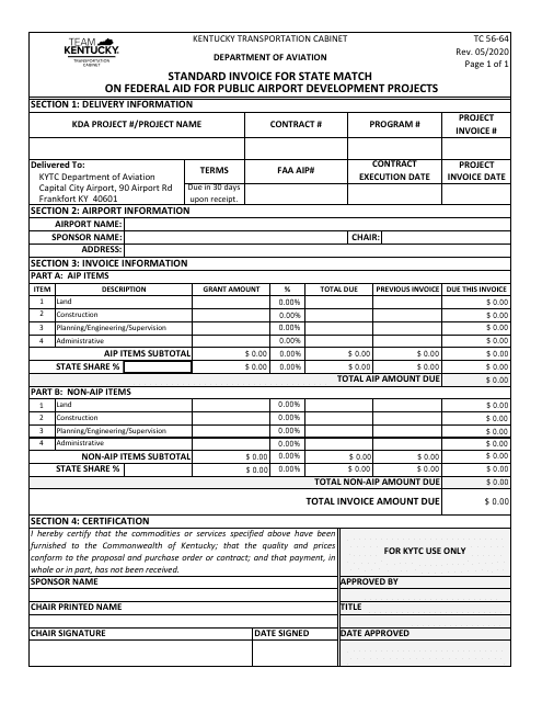 Form TC56-64 Standard Invoice for State Match on Federal Aid for Public Airport Development Projects - Kentucky