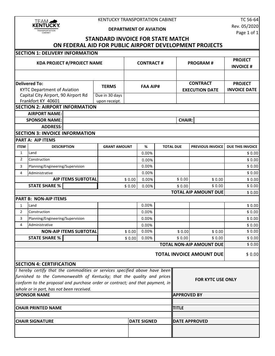 Form TC56-64 Standard Invoice for State Match on Federal Aid for Public Airport Development Projects - Kentucky, Page 1