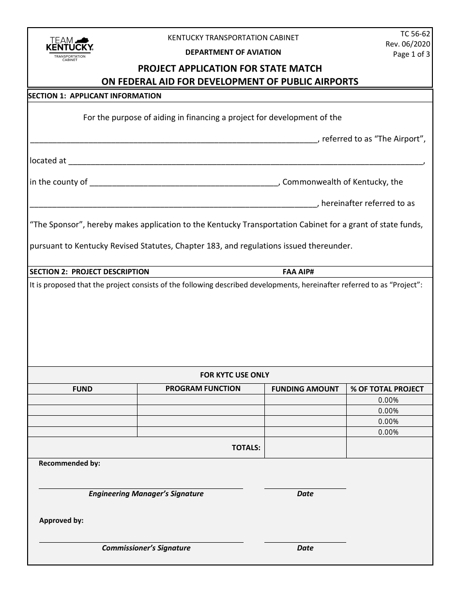 Form TC56-62 Project Application for State Match on Federal Aid for Development of Public Airports - Kentucky, Page 1