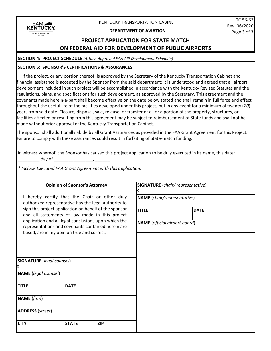 Form TC56-62 Project Application for State Match on Federal Aid for Development of Public Airports - Kentucky, Page 3