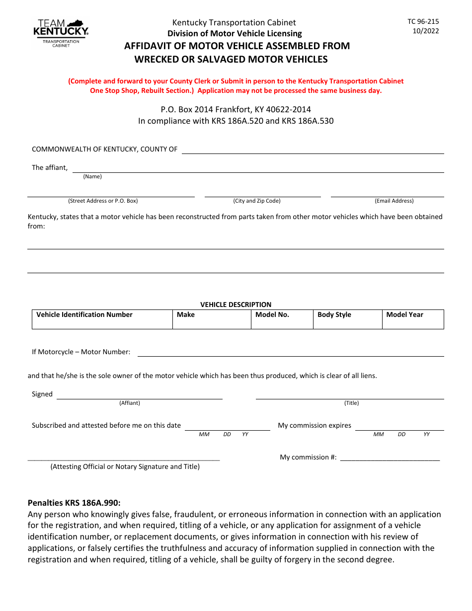 Form Tc96 215 Download Printable Pdf Or Fill Online Affidavit Of Motor Vehicle Assembled From 7687