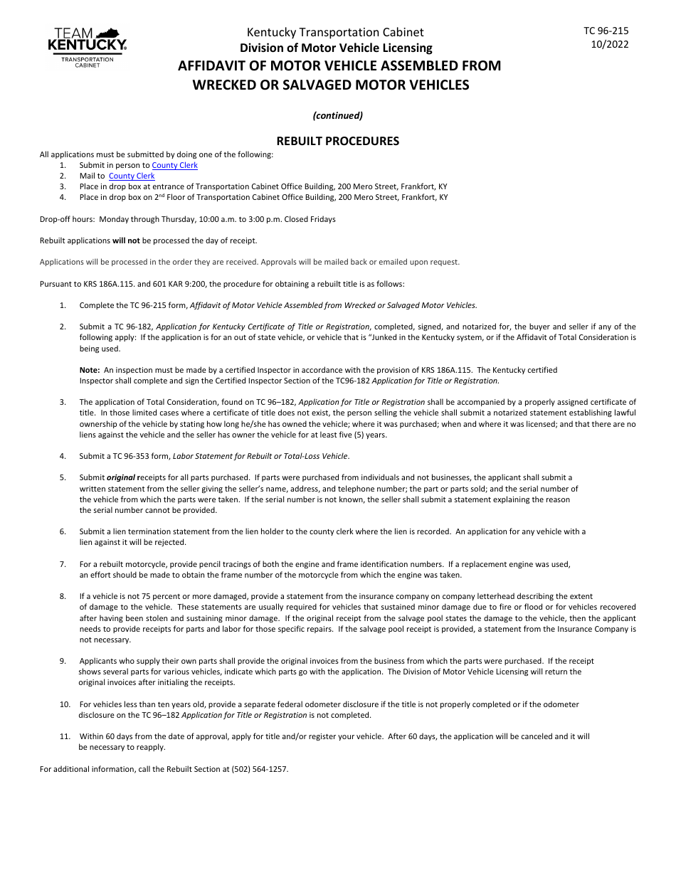 Form TC96-215 Affidavit of Motor Vehicle Assembled From Wrecked or Salvaged Motor Vehicles - Kentucky, Page 2