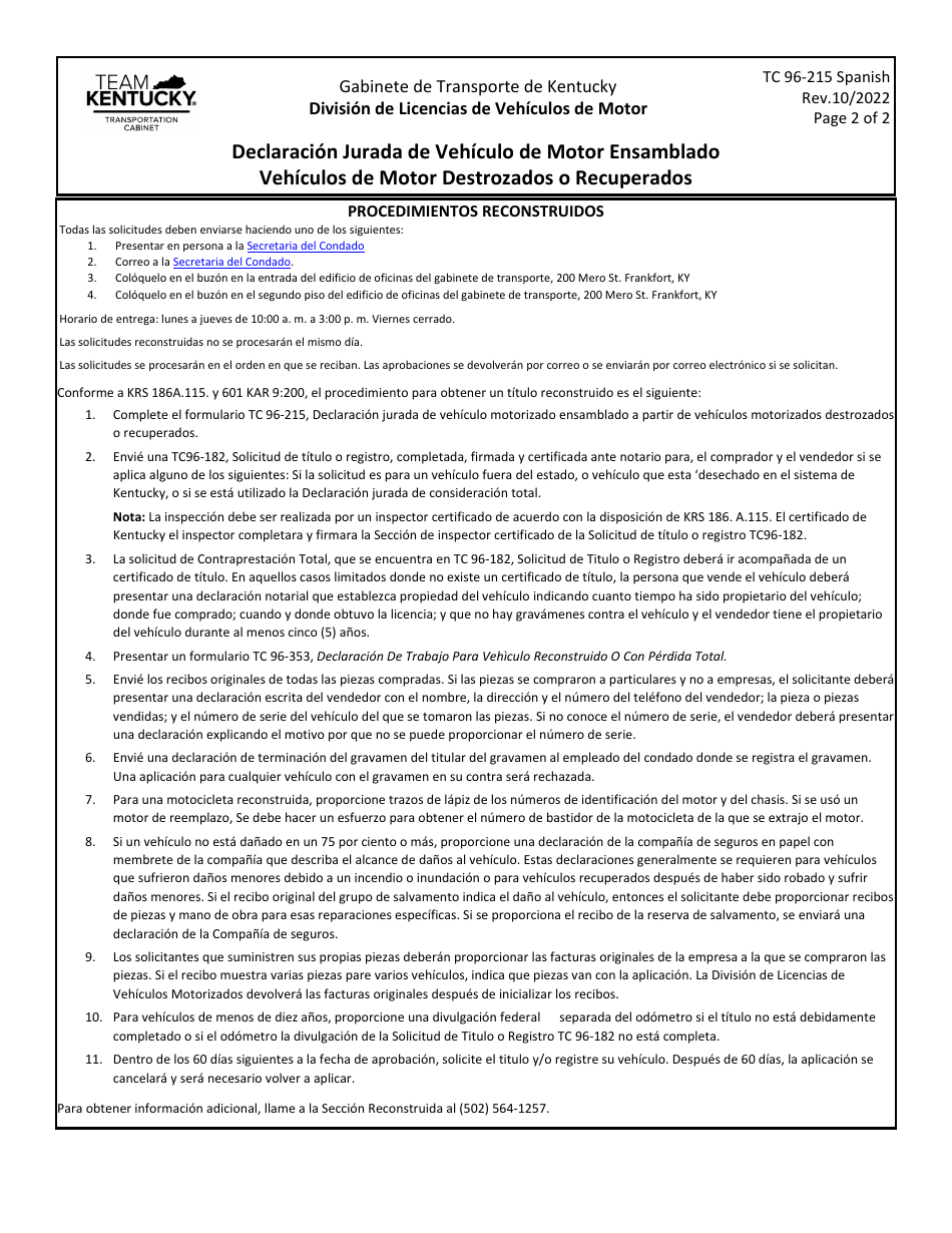 Formulario TC96-215 Declaracion Jurada De Vehiculo De Motor Ensamblado Vehiculos De Motor Destrozados O Recuperados - Kentucky (Spanish), Page 2
