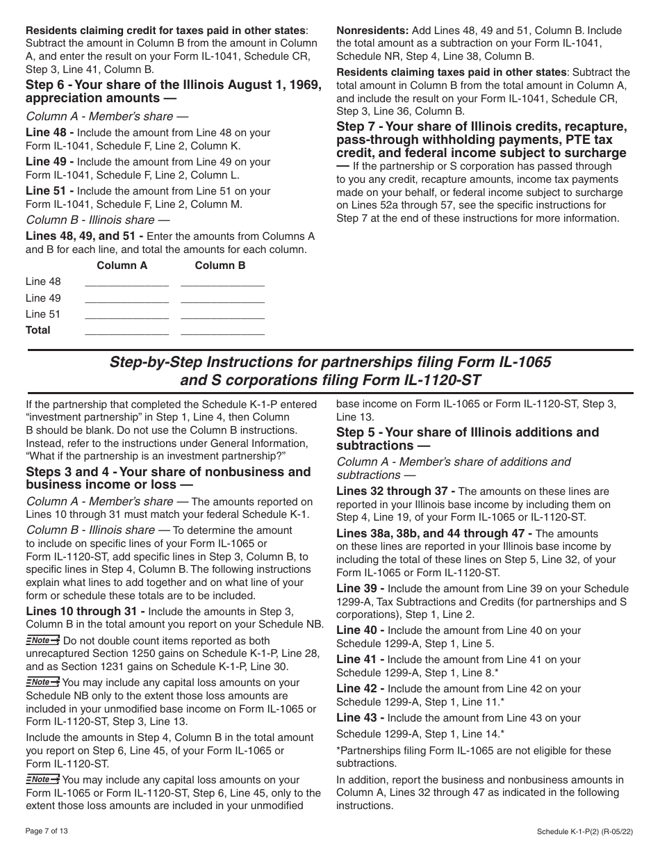 Instructions for Schedule K-1-P(2) Partners or Shareholders Share of Income, Deductions, Credits, and Recapture - Illinois, Page 7